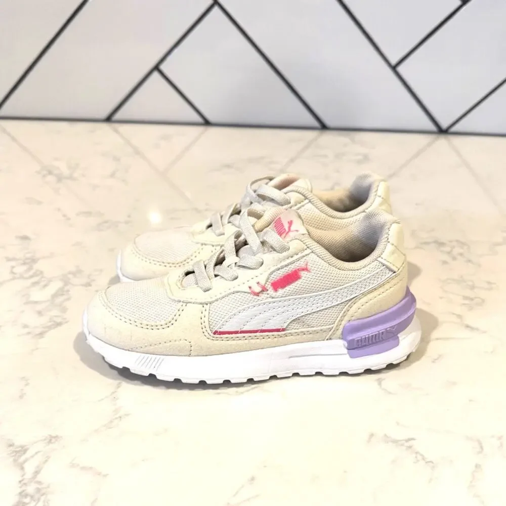 Puma Graviton AC sneakers size 10C cream/beige upper pink purple accents